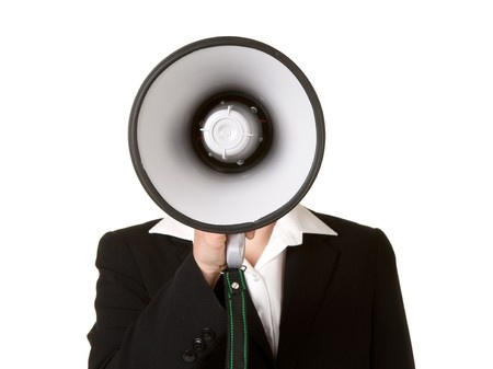 young business woman with megaphone isolated white background